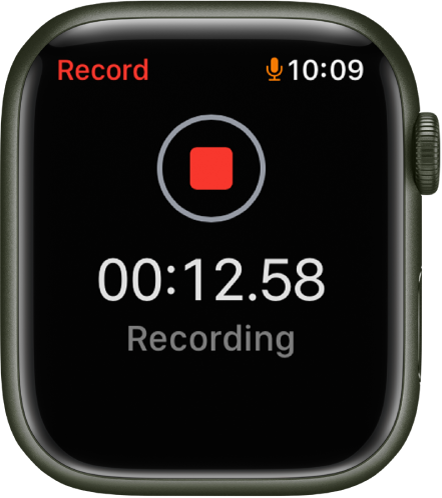 The Voice Memos app in the midst of recording a memo. A red Stop button is near the top. Below is the recording’s elapsed time with the word Recording below.