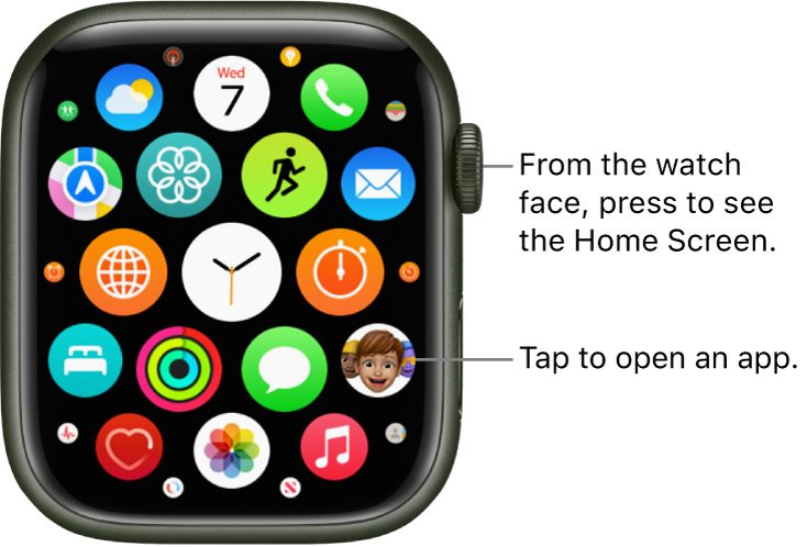 Home Screen in grid view on Apple Watch, with apps in a cluster. Tap an app to open it. Drag to see more apps.
