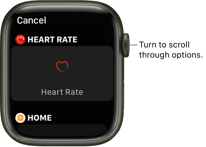 The customize screen for a watch face with the Heart Rate complication highlighted. Turn the Digital Crown to browse complications.