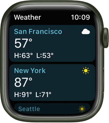 The Weather app showing weather details for two cities in a list.