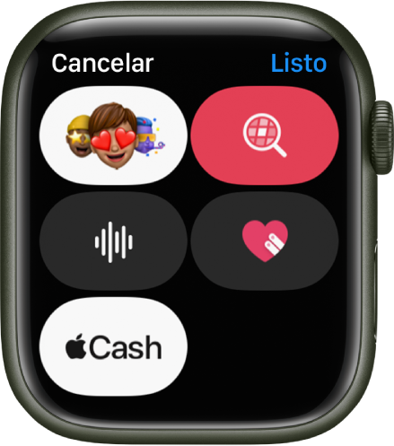 Pantalla de Mensajes mostrando el botón Apple Cash junto con los botones Memoji, Imagen, Audio, y Digital Touch.
