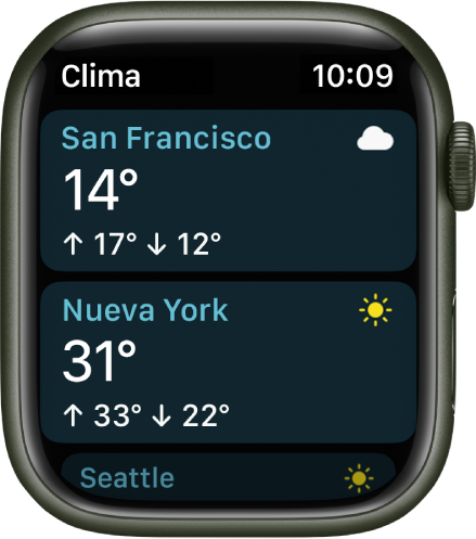 La app Clima mostrando los detalles del clima de dos ciudades en una lista.