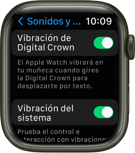 La pantalla Vibración de Digital Crown mostrando la vibración de la Digital Crown activada. Debajo se encuentra el botón Vibración del sistema.