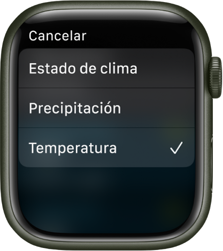 La app Clima muestra tres opciones en una lista: Condiciones, Precipitación y Temperatura.