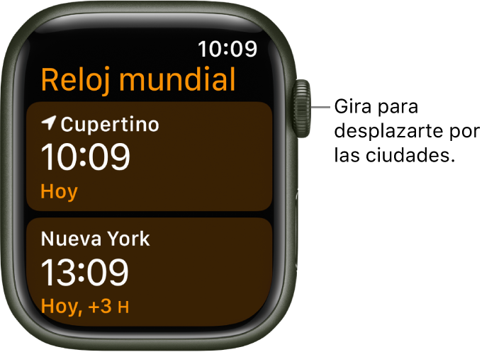 La app Reloj Mundial con una lista de ciudades y la barra de desplazamiento.