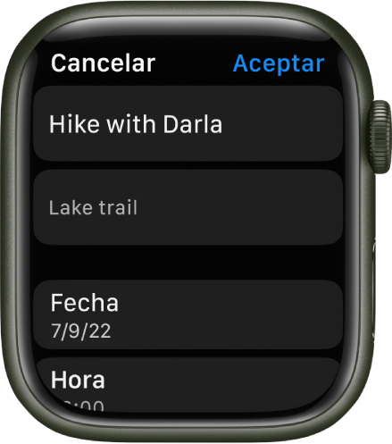 La pantalla Editar de la app Recordatorios en el Apple Watch. El nombre del recordatorio aparece en la parte superior con una descripción debajo. En la parte de abajo están la fecha y la hora a la que está programado el recordatorio. Arriba a la derecha se muestra un botón OK.
