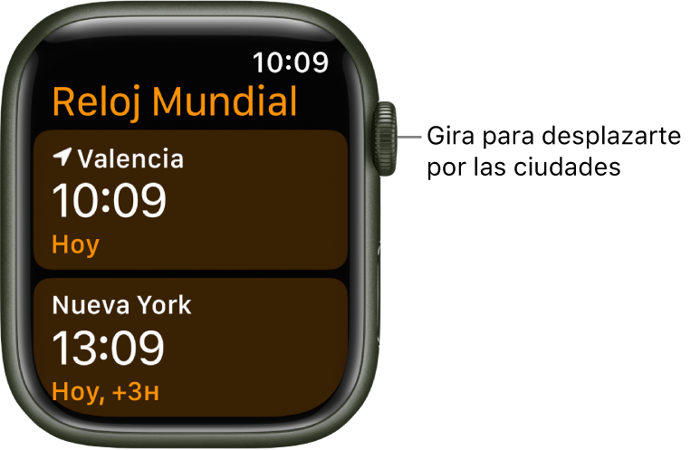 La app Reloj Mundial con una lista de ciudades y la barra de desplazamiento.