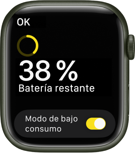 La pantalla del modo de bajo consumo muestra parte de un anillo amarillo que indica la carga restante, las palabras “Batería restante: 38 %” y el botón del modo de bajo consumo abajo.