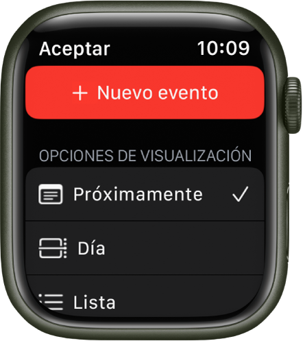 La app Calendario, con un botón “Nuevo evento” arriba y tres opciones de visualización debajo: Próximamente, Día y Lista.