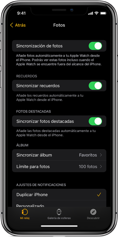 Ajustes de Fotos en la app Apple Watch del iPhone, con el ajuste “Sincronización de fotos” en el medio y el ajuste “Límite para fotos” debajo.