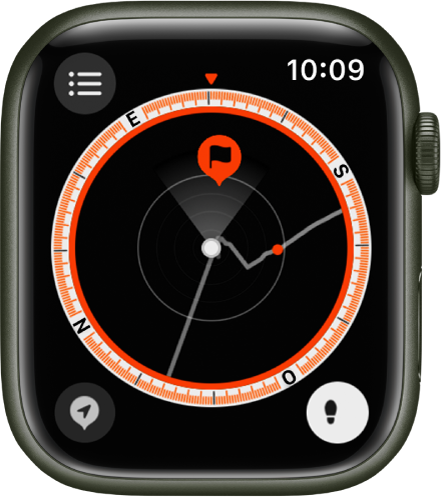 La app Brújula, con dos puntos de referencia en el dial de la brújula.