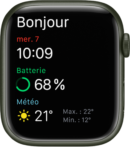 L’Apple Watch affichant l’écran de réveil. Le mot « Bonjour » apparaît en haut. La date, l’heure, le pourcentage de la batterie et la météo se trouvent en dessous.