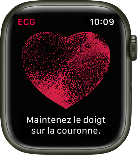 L’app ECG affichant une image d’un cœur avec les mots « Maintenez le doigt sur la couronne ».