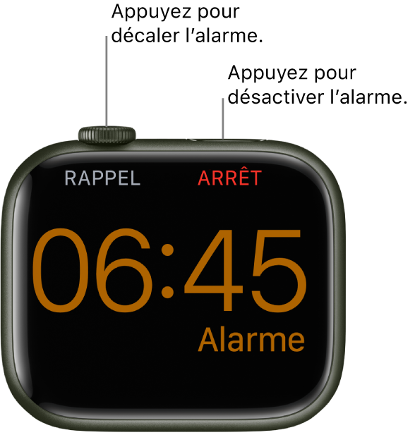 Apple Watch placée sur sa tranche, l’écran affichant une alarme déclenchée. Le mot « Rappel » est affiché sous la Digital Crown. Le mot « Arrêter » est situé sous le bouton latéral.