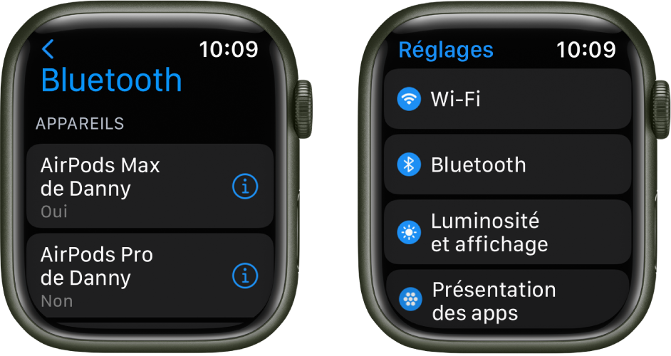 Deux écrans côte à côte. Sur la gauche se trouve un écran qui indique deux appareils Bluetooth disponibles : des AirPods Max, qui sont connectés, et des AirPods Pro, qui ne sont pas connectés. Sur la droite se trouve un écran Réglages, affichant les boutons Wi-Fi, Bluetooth, « Luminosité et affichage » et « Présentation des apps » dans une liste.