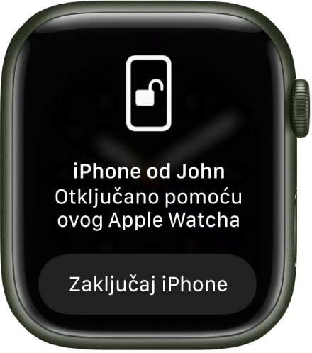Apple Watch prikazuje poruku “Ovaj Apple Watch otključao je Johnov iPhone.” Ispod se nalazi tipka Zaključaj iPhone.