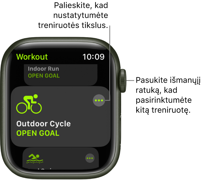 „Workout“ ekranas, kuriame pažymėta treniruotė „Outdoor Cycle“. Treniruotės plytelės viršuje dešinėje pateiktas mygtukas „More“. Viršuje rodoma treniruotės „Indoor Run“ rodinio dalis. Apačioje rodoma treniruotės „Outdoor Swim“ rodinio dalis.