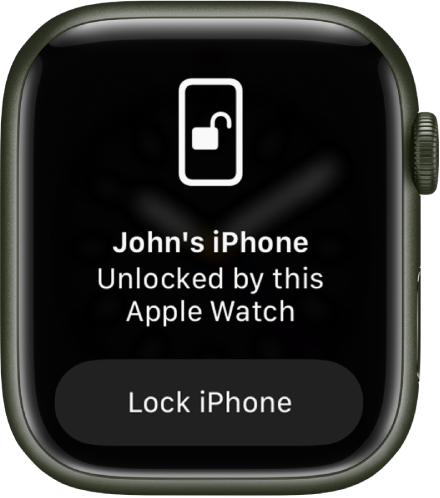 „Apple Watch“ ekranas, kuriame rodomas tekstas „John’s iPhone Unlocked by this Apple Watch“. Žemiau pateiktas „iPhone“ užrakinimo mygtukas.