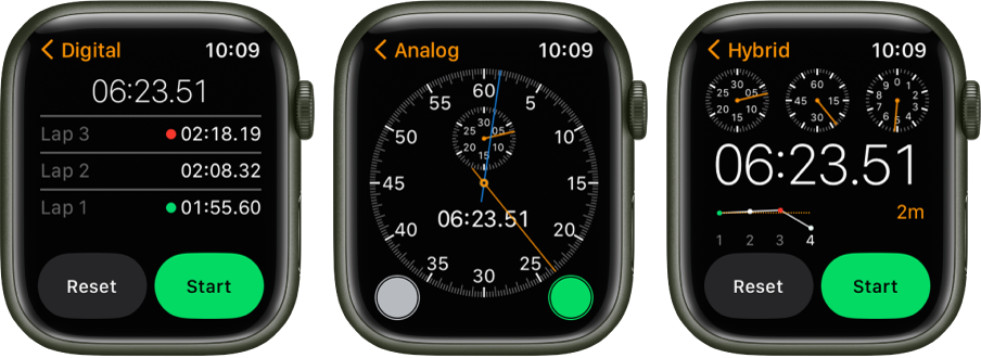 Trijų tipų chronometrai programoje „Stopwatch“: skaitmeninis chronometras su atkarpų skaitikliu, analoginis ir hibridinis chronometrai, rodantys laiką tiek analogine, tiek skaitmenine forma. Kiekvienas laikrodis turi paleidimo ir atstatymo mygtukus.