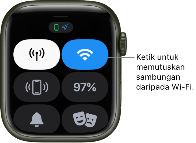 Pusat kawalan pada Apple Watch (GPS + Cellular), dengan butang Wi-Fi di bahagian kanan atas. Petak bual menunjukkan “Ketik untuk memutuskan sambungan daripada Wi-Fi.”