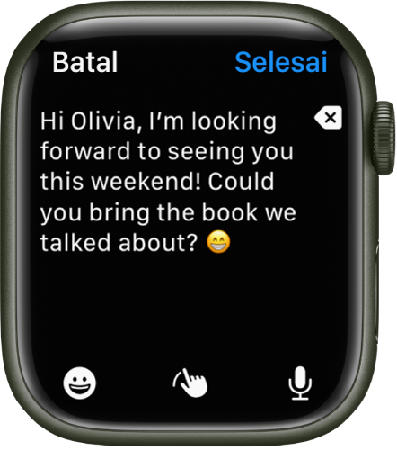 App Mail menunjukkan skrin tempat anda mengarang mesej e-mel. Isi teks berhampiran bahagian atas dengan butang Padam di sebelah kanan. Di bahagian bawah ialah butang Emoji, Coretan dan Rencana. Butang Selesai berada di bahagian kanan atas.