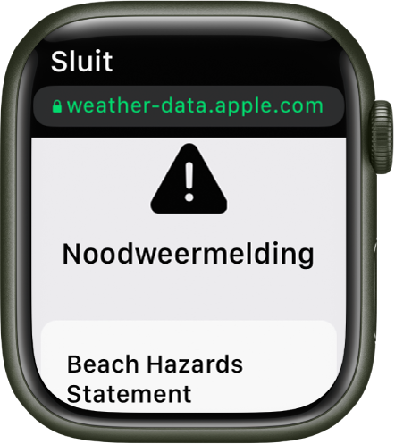 Een weerbericht met een strandwaarschuwing in de Weer-app.