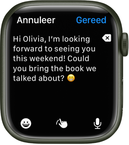 De Mail-app met het scherm waar je een e‑mailbericht kunt opstellen. Bovenaan bevindt zich de hoofdtekst met aan de rechterkant een knop voor het verwijderen van tekst. Onderaan bevinden zich de knoppen 'Emoji', 'Schrijven' en 'Dicteren'. Rechtsbovenin bevindt zich de knop 'Gereed'.