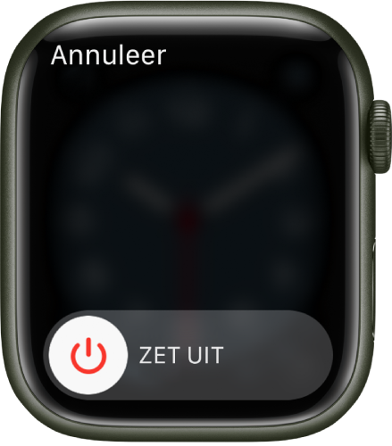 Het Apple Watch-scherm met de schuifknop 'Zet uit'. Sleep de schuifknop om de Apple Watch uit te schakelen.