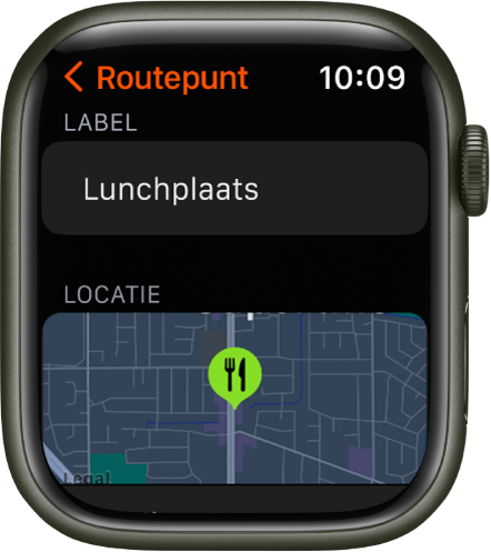 De Kompas-app met het scherm voor het wijzigen van een routepunt. Bovenin bevindt zich het veld 'Label'. Daaronder bevindt zich het gedeelte 'Locatie', met de locatie van het routepunt op een kaart. Het restaurantsymbool is toegepast op het routepunt.