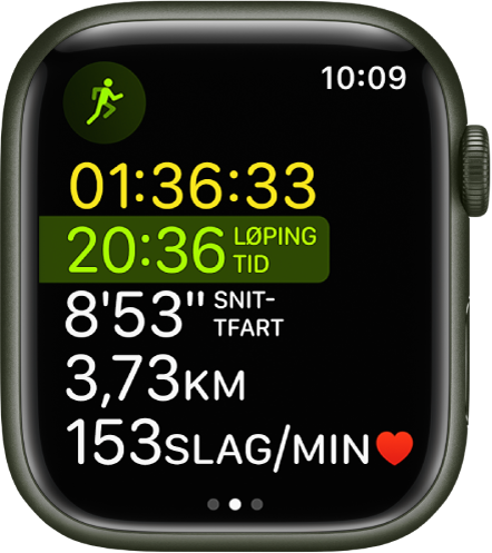 Trening-appen som viser en aktiv multisportøkt. Skjermen viser total tid, hvor lang tid du har løpt, snittfart, distanse og puls.