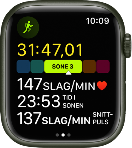 Trening-appen som viser en aktiv Løping utendørs-økt. En liste over analyser på skjermen. Listen inneholder tid brukt, pulssone, puls, tid i sonen og snittpuls.