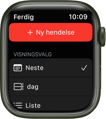 Kalender-appen som viser Ny hendelse-knappen øverst og tre visningsvalg under – Neste, Dag og Liste.