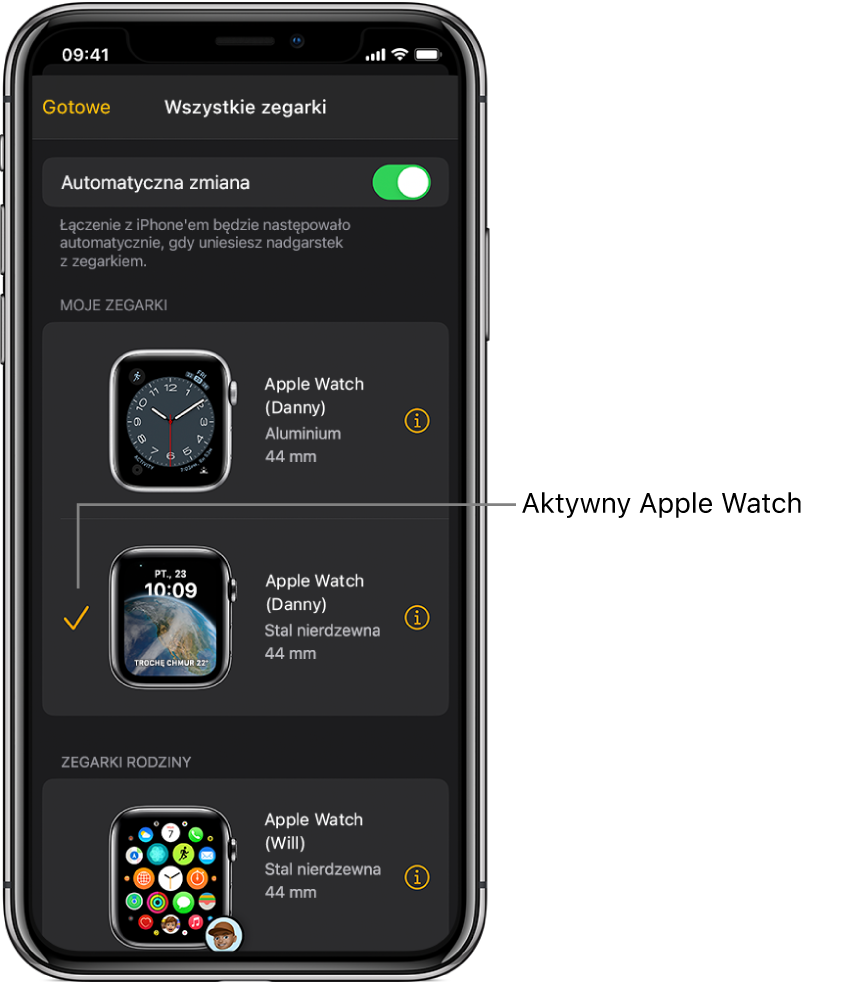 Ikona zaznaczenia na ekranie Wszystkie zegarki wskazuje, który Apple Watch jest aktywny.