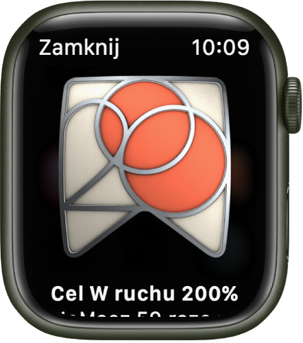 Apple Watch wyświetlający nagrodę za osiągnięcie. Pod nagrodą wyświetlany jest jej opis. Możesz przeciągnąć, aby obrócić nagrodę.