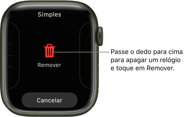 Tela do Apple Watch mostrando os botões Remover e Cancelar, que aparecem depois que você passa o dedo até um mostrador e passa o dedo para cima para apagá-lo.