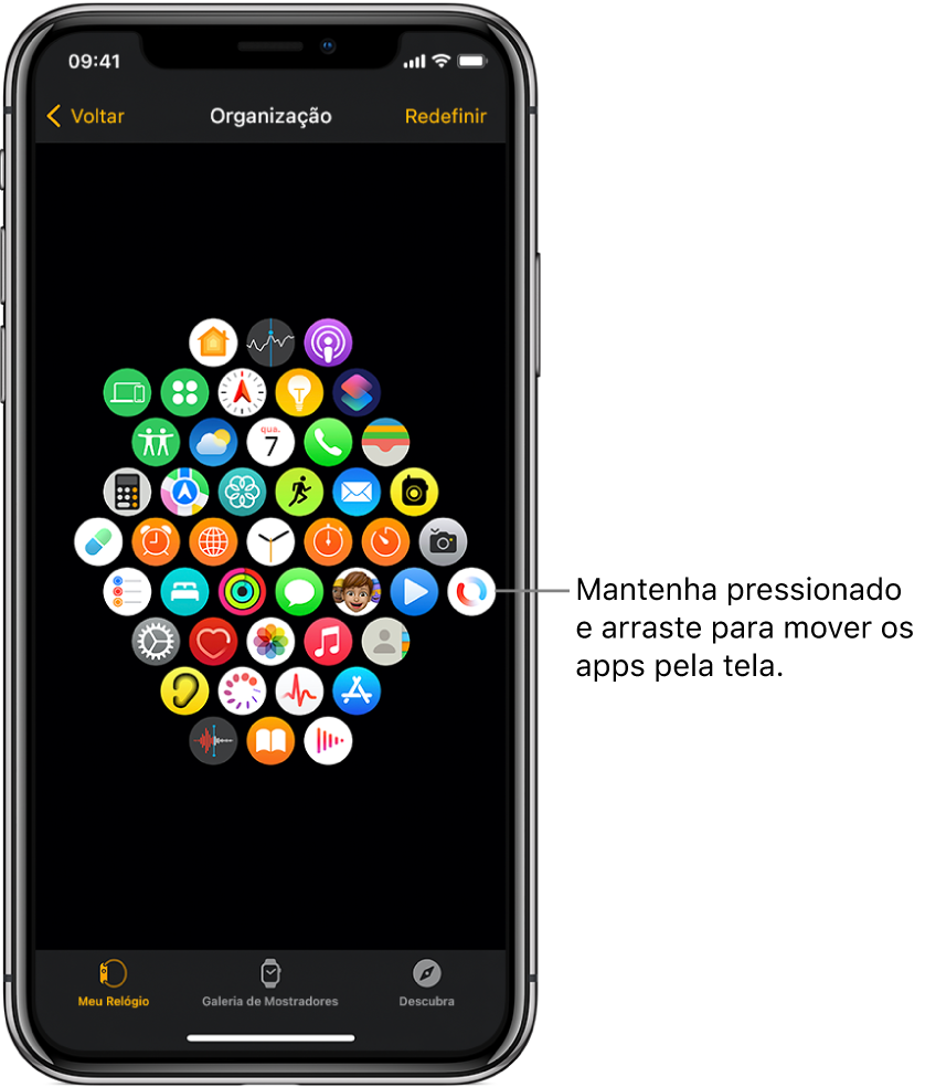 A tela Organização no app Apple Watch mostrando uma grade de ícones.
