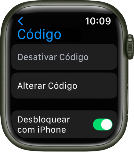 Ajustes de código no Apple Watch, com o botão Desativar Código na parte superior, botão Alterar o Código abaixo e o controle Desbloquear com iPhone na parte inferior.