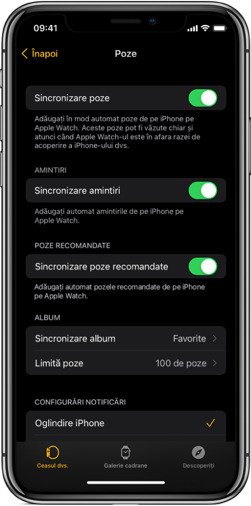 Configurările pentru Poze în aplicația Apple Watch de pe iPhone, având configurarea Sincronizare poză în mijloc și configurarea Limită poze dedesubt.