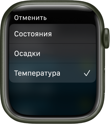 В приложении «Погода» показаны три варианта для выбора (в виде списка): «Погода», «Осадки» и «Температура».