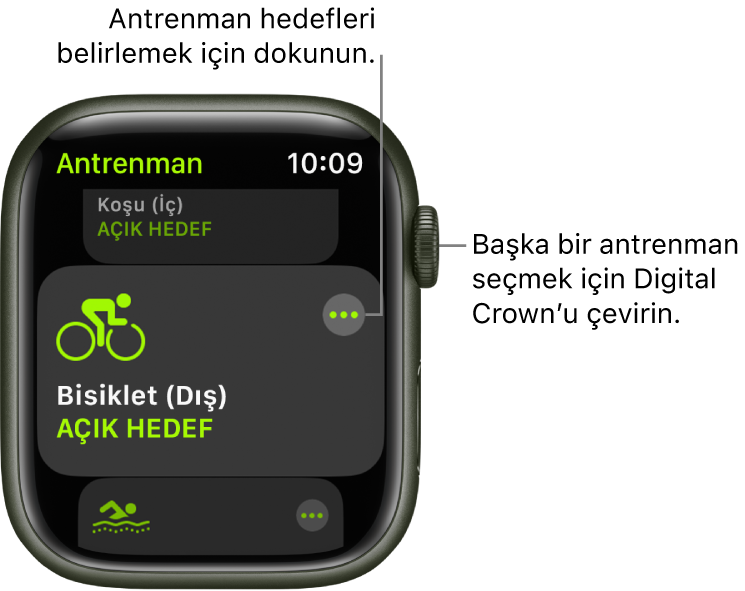 Bisiklet (Dış) antrenmanının vurgulandığı Antrenman ekranı. Daha Fazla düğmesi antrenman döşemesinin sağ üst tarafında. Koşu (İç) antrenmanının bir kısmı da üstte. Yüzme (Dış) antrenmanının bir kısmı da altta.