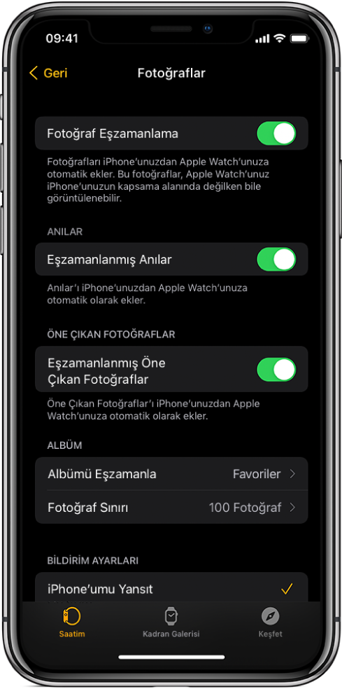 iPhone’daki Apple Watch uygulamasında, ortada Fotoğraf Eşzamanlama ayarını ve onun altında Fotoğraf Sınırı ayarını gösteren Fotoğraflar ayarları.