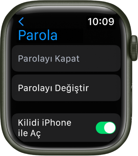 En üstte Parolayı Kapat düğmesi, onun altında Parolayı Değiştir düğmesi ve en altta Kilidi iPhone ile Aç anahtarı gösterilen Apple Watch’taki parola ayarları.