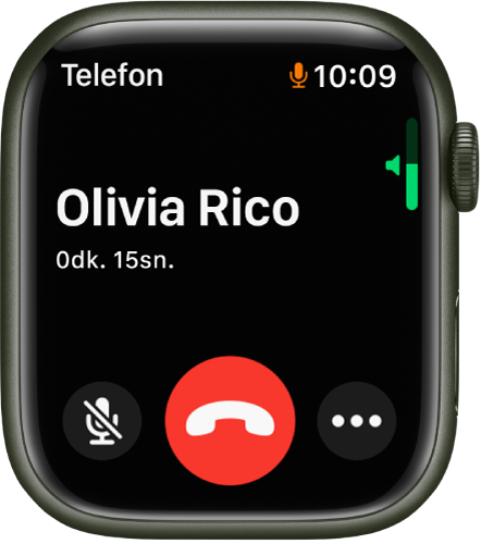 Gelen bir telefon görüşmesi sırasında, ekranın sağ üst tarafında düşey ses yüksekliği göstergesi, sol altta Sesi Kapat düğmesi ve kırmızı Reddet düğmesi gösterilir. Arama süresi, arayanın adının altında görünür.