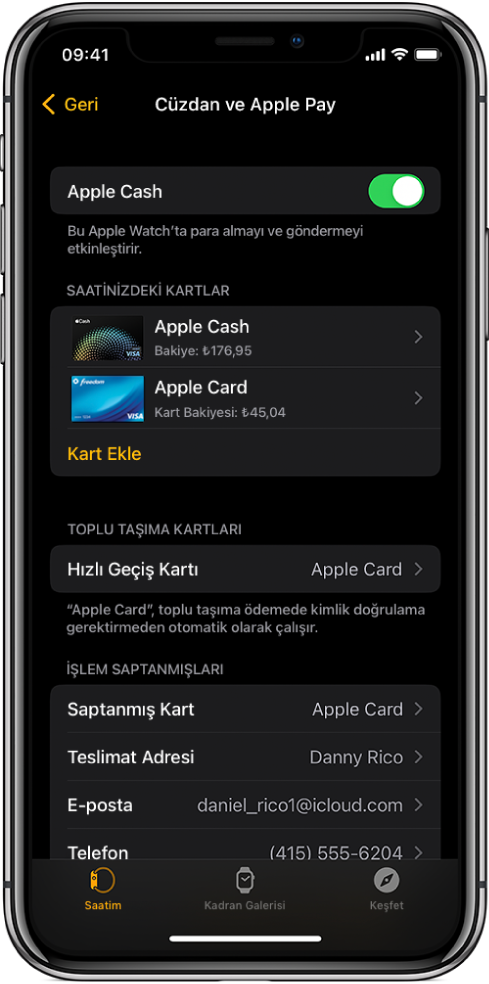 iPhone’daki Apple Watch uygulamasında Cüzdan ve Apple Pay ekranı. Ekran Apple Watch’a eklenen kartları, hızlı geçiş için kullanmak üzere seçtiğiniz kartı ve işlem saptanmışları ayarlarını gösterir.