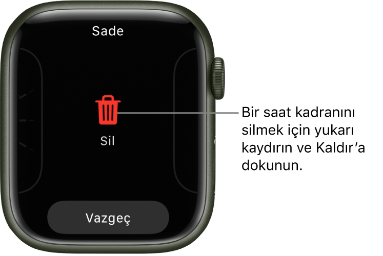 Ekranı bir saat kadranına kaydırdıktan ve bu kadranı silmek üzere yukarı sürükledikten sonra beliren Sil ve Vazgeç düğmelerini gösteren Apple Watch ekranı.