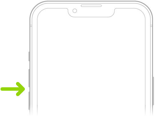 Горната част на предната страна на iPhone с бутоните за увеличаване и намаляване на силата на звука в горния ляв ъгъл.