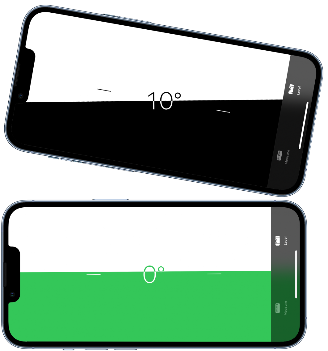 Obrazovka vodováhy. Nahoře je iPhone nakloněný pod úhlem deseti stupňů; dole je iPhone ve vodorovné poloze.