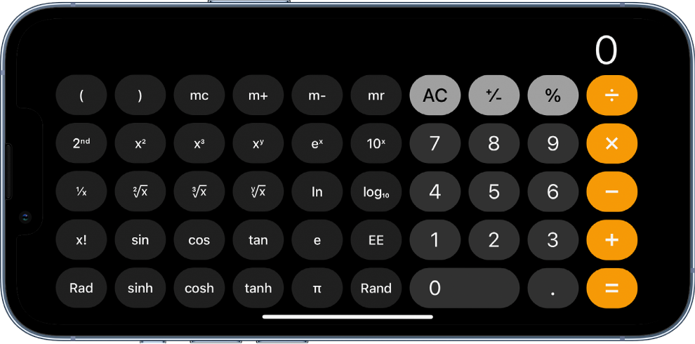 iPhone v orientaci na šířku se zobrazenou vědeckou kalkulačkou s exponenciálními, logaritmickými a trigonometrickými funkcemi