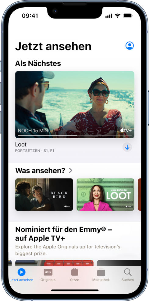 Der Bildschirm „Jetzt ansehen“ zeigt Tasten für Filme, TV-Sendungen und Sportsendungen in der oberen Reihe. Die Reihe „Als Nächstes“ befindet sich in der Mitte, über der Zeile „Musst du gesehen haben“. Unten sind von links nach rechts die Tasten „Jetzt ansehen“, „Originals“, „Mediathek“ und „Suchen“.
