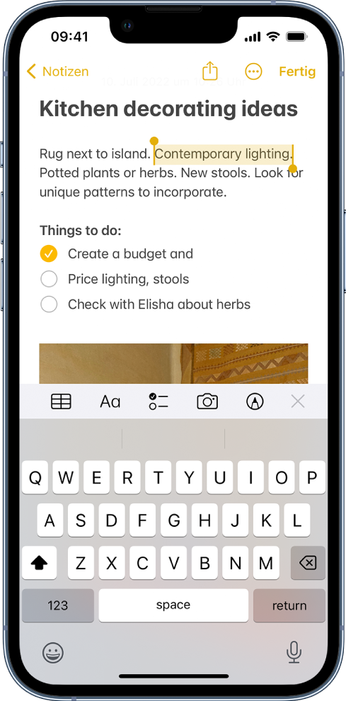 Eine Notiz in der App „Notizen“ mit einem ausgewählten Satz in einem Absatz.